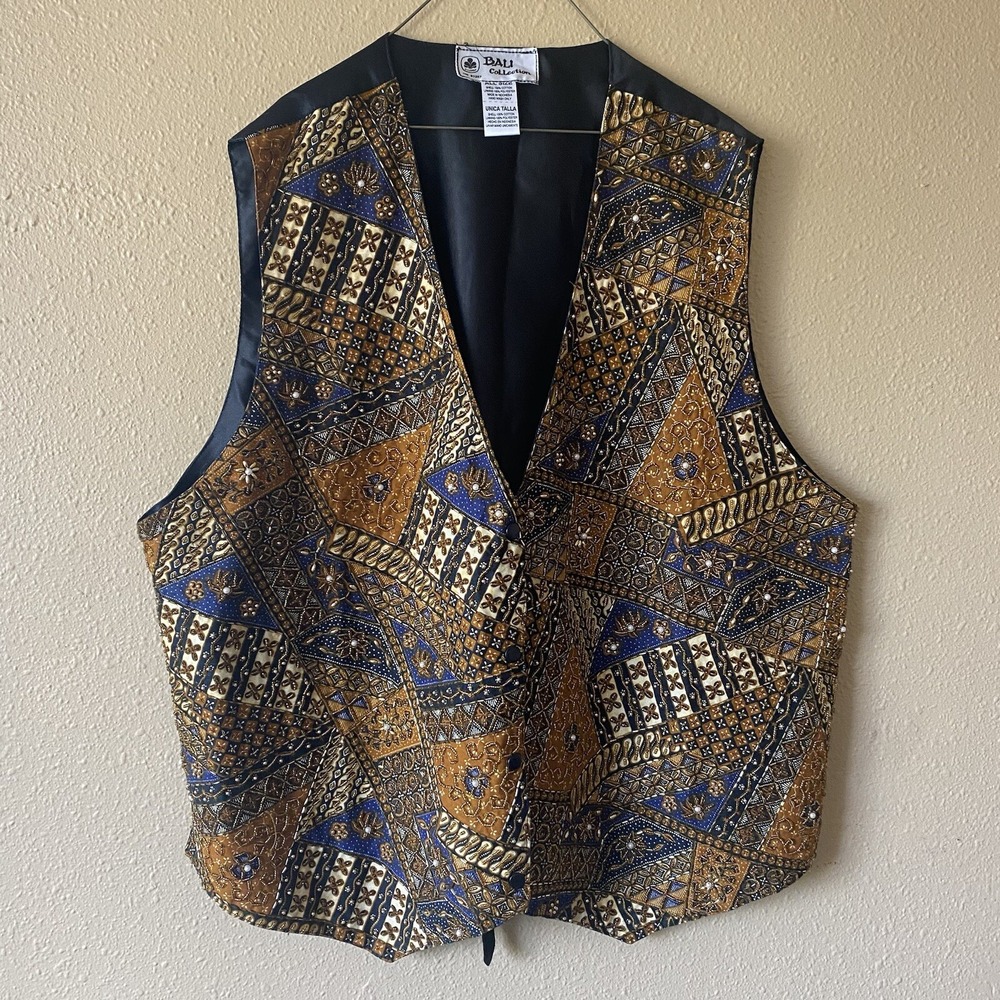 Vintage Bali Collection Beaded Vest Multicolor Patchwork One Size Snap tie back‎